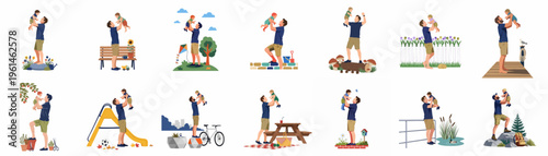 Collection of flat illustrations showing a father playing with his toddler in various outdoor settings like parks, gardens, playgrounds, and nature trails.