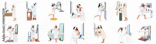 Collection of diverse people in white bathrobes performing skincare routines and applying face masks in various bathroom settings.