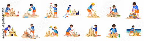 Set of illustrations depicting boys building creative sandcastles on the beach with various tools and decorations for summer vacation fun.