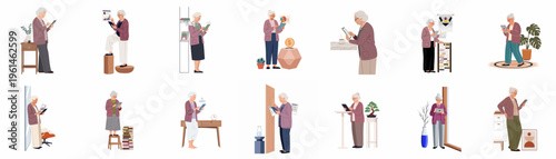 Collection of vector illustrations featuring an active senior woman using digital devices for financial management and everyday tasks in various home settings.
