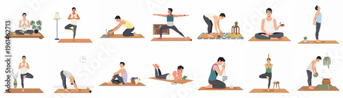 Flat illustration collection of a man practicing various yoga poses meditation and mindfulness activities at home for wellness and mental health