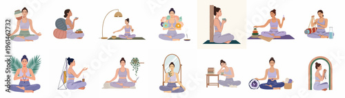 Set of flat vector illustrations of a woman practicing yoga and meditation for wellness, mindfulness, and self-care in various serene home settings.