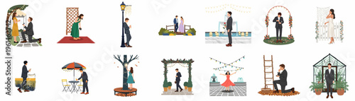 Collection of Romantic Flat Illustration Scenes Featuring Couples, Marriage Proposals, and Formal Engagements in Various Outdoor and Garden Settings