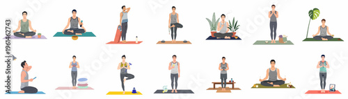Set of illustrations depicting a young man practicing various mindfulness, yoga, and meditation techniques for relaxation and mental well-being.