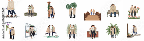 Collection of romantic vector illustrations featuring a young couple in trench coats during various outdoor activities, including walks, dating, and gardening.