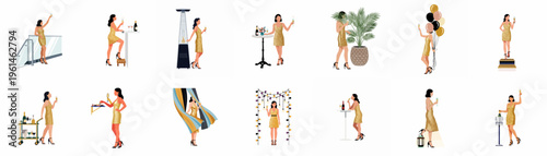 Set of flat illustrations featuring a woman in a gold sequin dress celebrating at various party scenes with champagne and balloons.