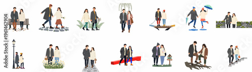 Set of flat vector illustrations depicting a young romantic couple in various outdoor settings and activities during autumn and winter seasons.