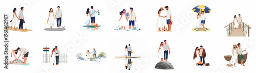 A collection of flat illustrations showing a romantic couple enjoying various summer beach activities, from walking on sand to building sandcastles.