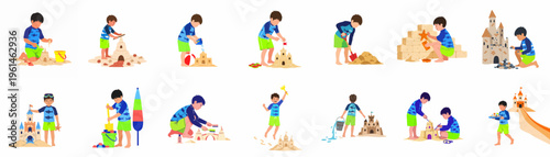 Collection of Illustrations Showing Little Boys Building Various Sandcastles on the Beach During Summer Vacation