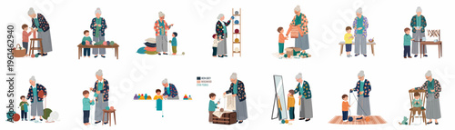 A series of illustrations depicting a grandmother and grandson bonding over knitting, from choosing yarn to finishing handmade garments.