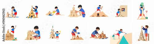 Illustrations of young boys building elaborate sandcastles and playing with sand at the beach, showcasing creative summer vacation activities for children.