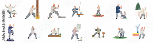 Collection of illustrations showing an elderly man practicing Tai Chi and Qigong in various peaceful outdoor garden settings.