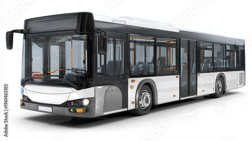Modern white city bus exterior in three quarter front side view, clean minimal design ideal for branding, advertising mockup with ample copy space.