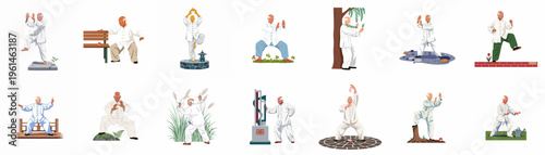 Set of illustrations showing an elderly man practicing Tai Chi and Qigong in various peaceful outdoor environments and poses.