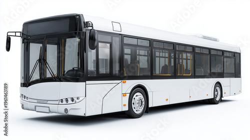 Modern white city bus exterior in three quarter front side view, clean minimal design ideal for branding, advertising mockup with ample copy space.