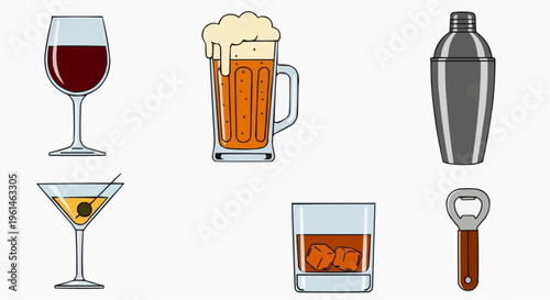 A collection of alcoholic beverages, including wine, beer, cocktails, and other drinks, with associated bar tools