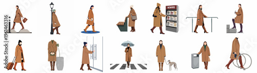 Vector illustrations of a stylish woman in a brown coat and boots engaged in various everyday urban activities and city life scenarios.