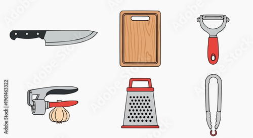 Assortment of kitchen tools for culinary tasks, including a knife, cutting board, peeler, garlic press, grater and tongs
