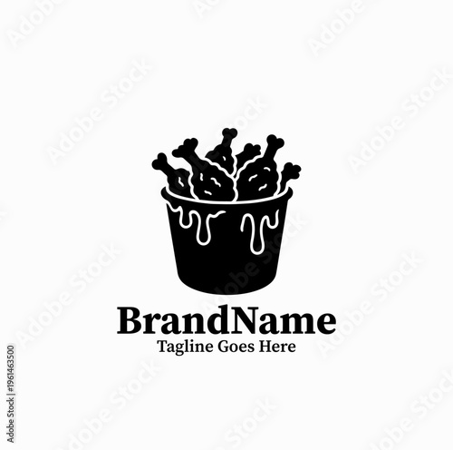 Korean Fried Chicken Bucket Silhouette with Dripping Sauce Fast Food Logo