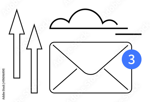 Digital communication, cloud services, messaging, email alerts, online notifications, data transfer. Envelope with cloud, arrows and notification bubble. Digital communication and cloud services