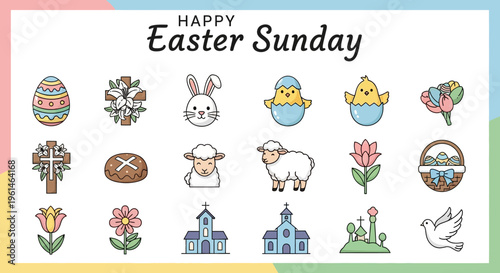 Joyful Easter Sunday Icons Collection Delightful Vector Elements for Holiday Celebrations and Springtime Themes, Featuring Eggs, Bunnies, Lambs, and Religious Symbols