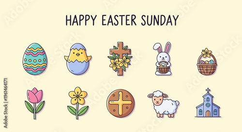 Happy Easter Sunday Celebration Icons Eggs, Chicks, Bunnies, Flowers, and Churches for Religious Holidays