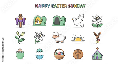 Vibrant Easter Sunday icon set Religious symbols, spring flowers, eggs, and bunnies for holiday designs and festive celebration projects