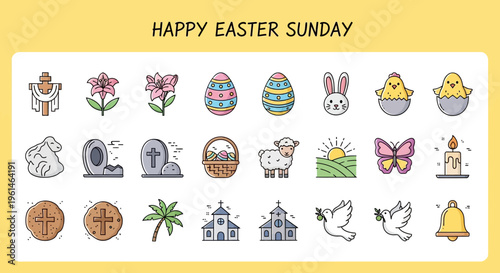 A comprehensive collection of vibrant Easter Sunday icons, featuring religious symbols, spring animals, and holiday elements, perfect for celebrating the season of renewal and faith