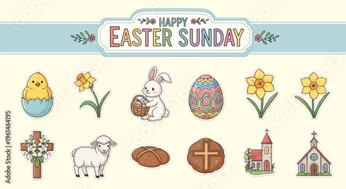 Easter Sunday vector icons bunny, chick, eggs, daffodils, cross, lamb, churches. Collection for spring holiday projects