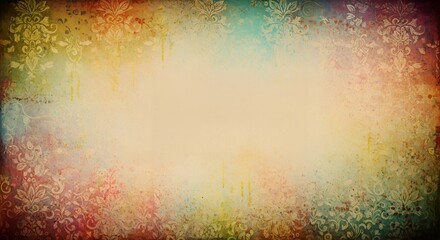 Vintage Floral Grunge Texture Background with Colorful Splatter and Faded Pattern