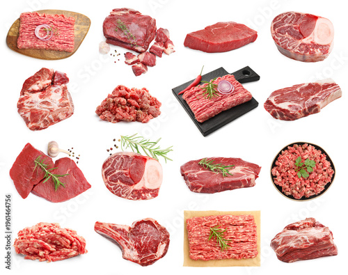 Fotografija Raw beef pieces and minced meat isolated on white, collage