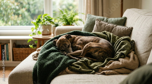 Sleeping brindle whippet dog on cozy sofa with blankets natural light home interior lifestyle