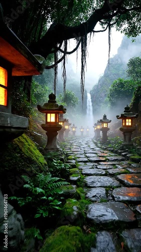 Lanterns on a misty stone path in a forest