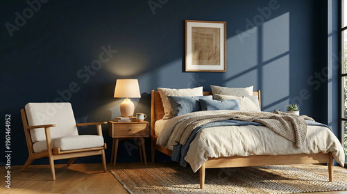 Minimalist bedroom with blue wall wooden bed soft linen bedding and warm sunlight shadows