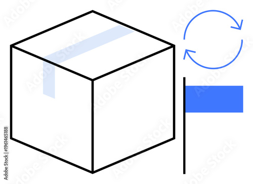 Recycling, logistics, packaging, delivery services, sustainability, waste management. Cube-shaped box with tape, circular arrows and blue flag indicates recycling and packaging. Recycling