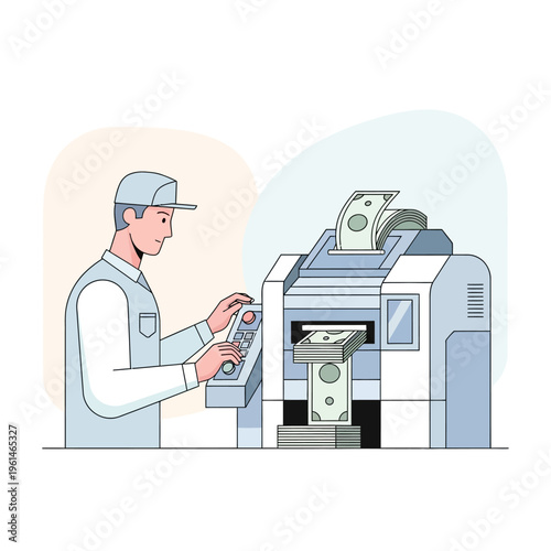 Man operating a money counting machine in a financial setting.