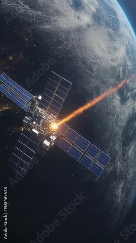 Satellite in space with solar panels orbiting Earth