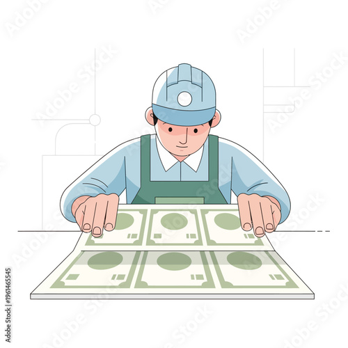 Worker counting money on a table.