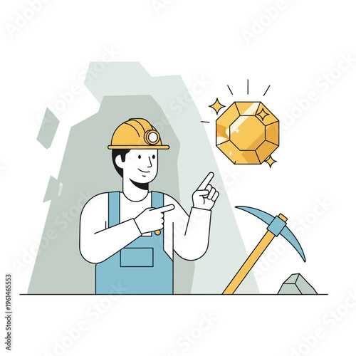 Miner pointing at a discovered golden gem.