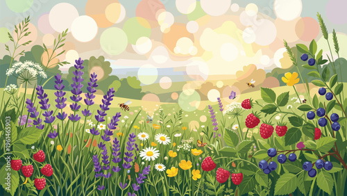 Summer Meadow Nature Background with Berries, Lavender & Bees - Fresh Organic Design