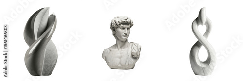 Fotografía Set of three white marble sculptures including classical David bust and abstract