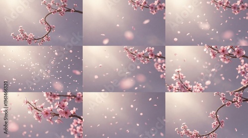 A serene collage of cherry blossom branches with pink petals falling against a soft purple background