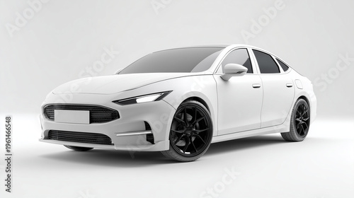 White modern sedan car front angle view isolated on clean background, sleek automotive design, mobility and transportation concept with minimal style.