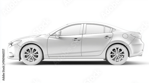 White sedan car side view isolated on clean background, modern automotive design with realistic detail, minimal style, ideal for branding mockup and transport concept.