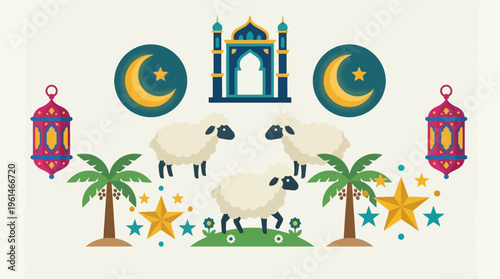 Eid Adha Sheep and Crescent Moon.