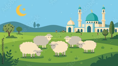 Eid Adha Flock of sheep grazing together outdoors.