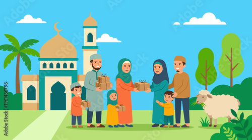 Muslim family standing together outside.Eid Adha