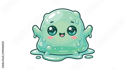 Cute Smiling Green Blob Slime Monster Character Happy
