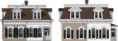Set of vintage Victorian style house vector illustrations featuring detailed architectural facades with mansard roofs