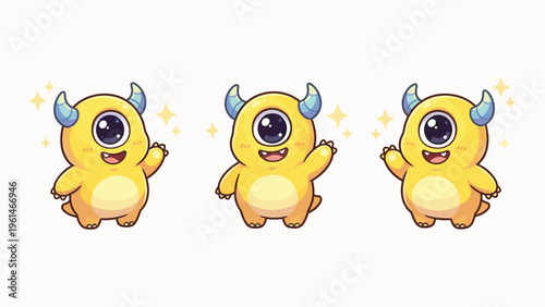 Three Cute Yellow One Eyed Monster Characters Waving